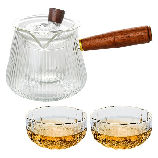 티이야기 내열유리 우드핸들 티포트 380ml + 구름 찻잔 100ml x 2p 세트