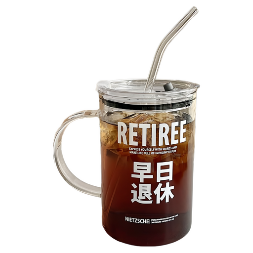 早日退休 玻璃把手杯 含吸管+杯蓋, 1L, 1組