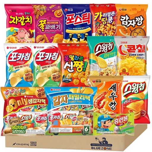 [블루존] 소소 스낵 어린이 선물 25입 C세트 (자갈치+감깡+꿀꽈+포스틱+포카칩오리지널+어니언+스윙칩볶음고추+갈릭디핑+콘칲+카땅+신짱+새우깡미니+홈런볼+감자패밀리+생감자팩)