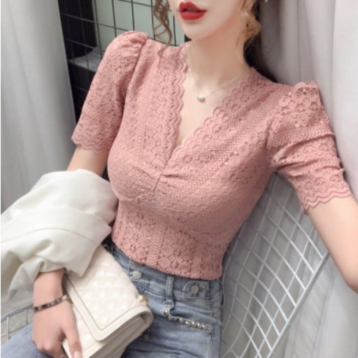 바비썬F567 레이스 슬림핏 여성 여름 시스루 브이넥 티셔츠 블라우스(3color) 홀복 로맨틱 반팔티 반팔 + 사은품증정