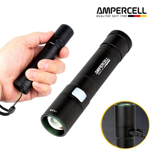 AMPERLIGHT 독일브랜드 파워뱅크 충전식 LED 후레쉬 줌 랜턴 방수 손전등 전술 캠핑 자전거 조명