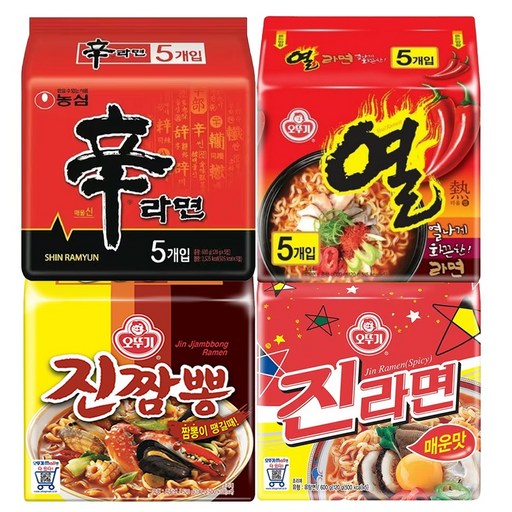 [천지라면] 열짬신세트 봉지라면세트 19개 (신라면 5입+진짬뽕 4입+진라면(매) 5입+열라면 5입) 인기라면 4종세트