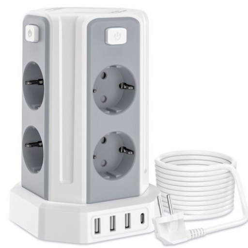 과부하차단 USB 타워 멀티탭 - 블랙 - 3M 전선 - USB 멀티탭 12구 (8소켓 3*USB-A 1*USB-C) KC 인증서 취득