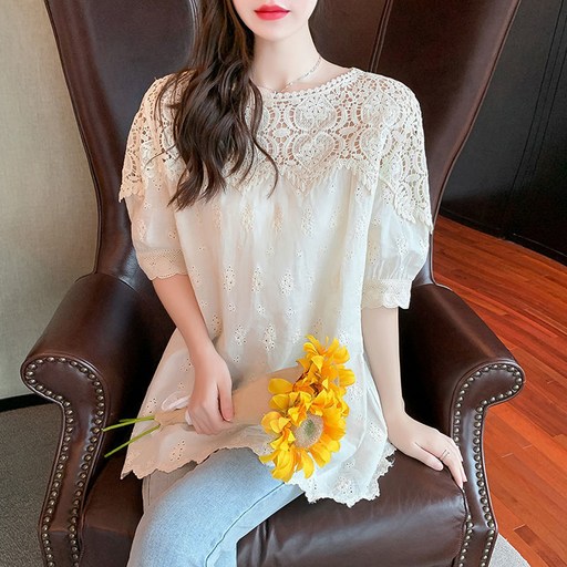 해피유통 여성 레이스 배색 라운드넥 반팔 무버튼 루즈핏 자수 블라우스