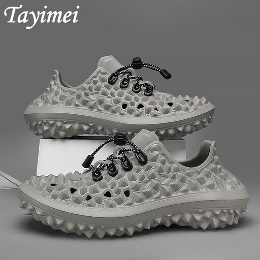 두리안 스타일링 구멍 신발 남성 패션 트렌드 캐주얼 통기 백합 슬리퍼 남성 외장 미끄럼 방지 비치 샌들 트렌드 쿨링 슬리퍼