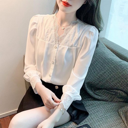 COSYEVNO 쉬폰 블라우스 이너 블라우스 레이스 브이넥 봄옷