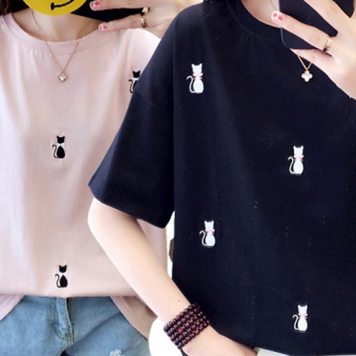 엘레스 여성반팔티 여성티셔츠 핑크+블랙 2장 루즈핏 반팔 티셔츠