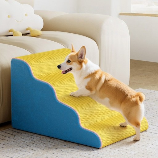 강아지 계단 펫계단 미끄럼방지 슬로프 계단 논슬립 슬개골보호 4단 커브 스텝, 1개, 블루