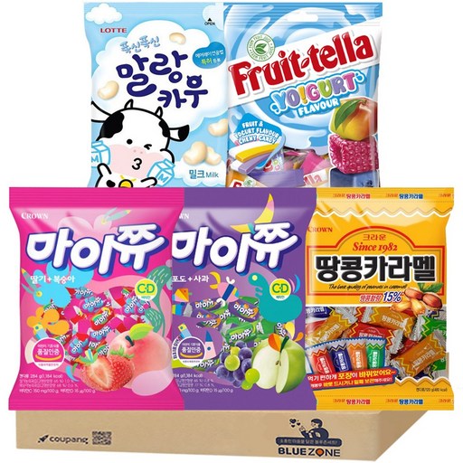 [블루존] 달콤 젤리 5종 세트 (말랑카우밀크79g+후르트텔라100g+마이쮸포도사과284g+마이쮸딸기복숭아284g+땅콩카라멜120g)