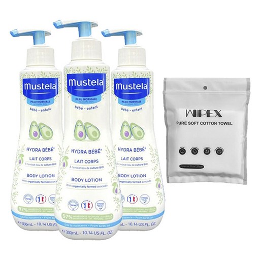 무스텔라 하이드라 키즈 바디로션 300ml 3개 + wipex 퓨어 소프트 코튼 타월 화이트 6개입