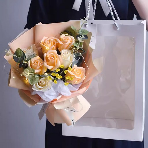 장미 꽃다발 부케 시들지 않는 꽃 배합 LED 라이트 및 쇼퍼백