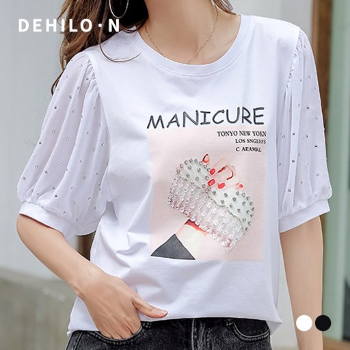 데일로엔 여성용 MANICURE 도트 소매 반팔 티셔츠