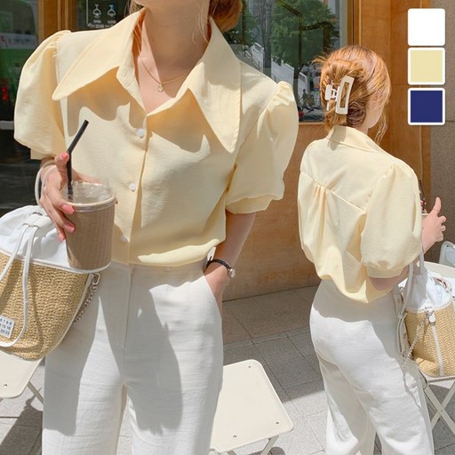 [퀄리티대박/한정특가] 빅앤 퍼프 카라넥 블라우스 여성 여름 반팔 셔츠 블라우스 셔링 하객룩 오피스룩