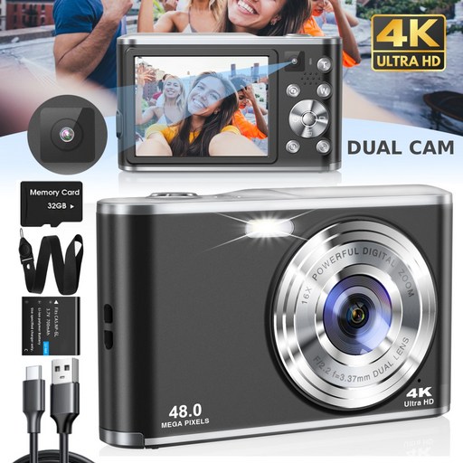 전면 및 후면 렌즈가 포함된 4K 디지털 카메라 자동 초점 동영상 블로그 카메라 + 32GB SD 카드 4800W 16X 디지털 줌 초보자를 위한 소형 여행 셀카 카메라