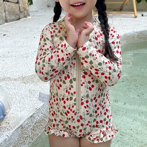 구빠방 여아 딸기 프릴 긴팔 수영복