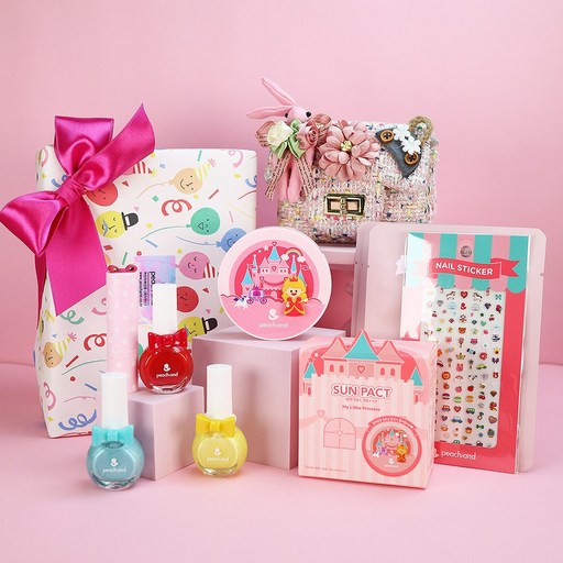 [피치앤드] 어린이화장품 선물세트(선팩트+매니큐어+립밤+마스크팩+네일스티커)+(사은)핑크가방, 1set