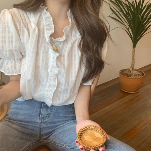 Sorpci 여성 반팔 프릴 블라우스