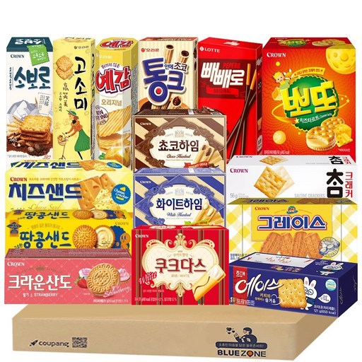 [블루존] 곽과자 15개입 (땅콩샌드+소보로+참크래커+크라운산도딸기+치즈샌드+쵸코하임+화이트하임+쿠크다스화이트+그레이스+뽀또치즈+고소미+예감+통크+빼빼로+에이스)