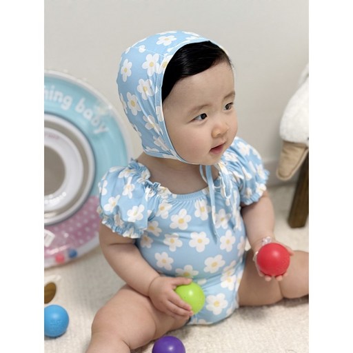 로이앤한나 예쁜 하늘색 데이지꽃 여아 여자아기 셔링 반팔 원피스 수영복 수모 세트 신생아 3개월 6개월 9개월 돌