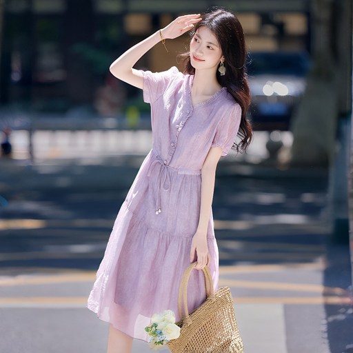WIHOLL 셔링 브이넥 원피스 여성 반팔 여름 슬림핏 데일리룩
