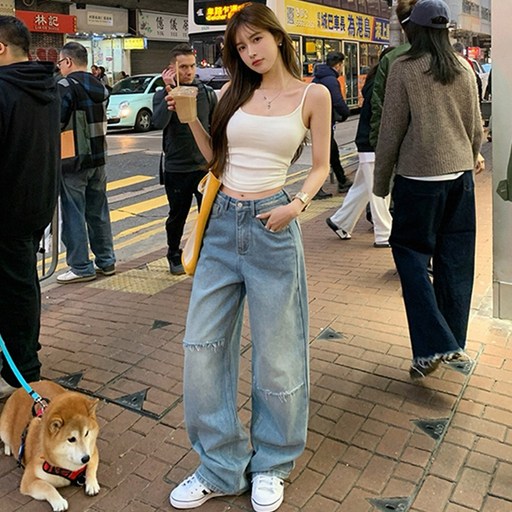 여자 청바지 와이드 날씬해보이는 바지 스판 하이웨스트 심플 워싱 봄 여름 여성 통청바지