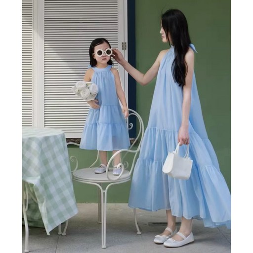 휴먼러브 맘커플 바캉스 원피스 패밀리룩 엄마 딸 모녀 커플룩 블루 시원한 소재 나비 리본