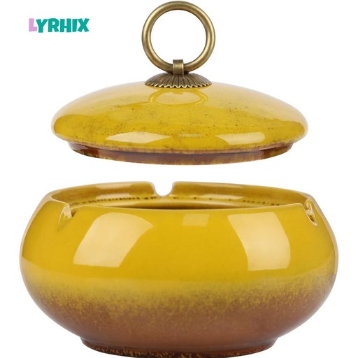 LYRHIX 빈티지우아한구리원형핸들도자기재떨이 예술적인재떨이 클래식하고우아한재떨이 업소용재떨이 가정용재떨이 뚜껑있는재털이 재떨이 아빠를위한선물친구를위한선물