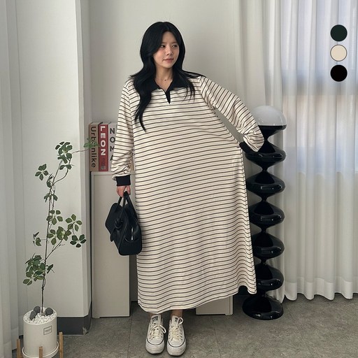 디테일웨어 여성 단카라 배색 긴팔 롱원피스 스트라이프 임부복 편한원피스 간절기 링클프리 오버핏 단가라 데일리원피스