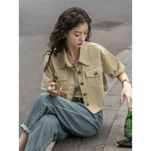 FINE ART 여성 반팔 코트 상의 캐주얼 카디건 자켓 재킷 상의