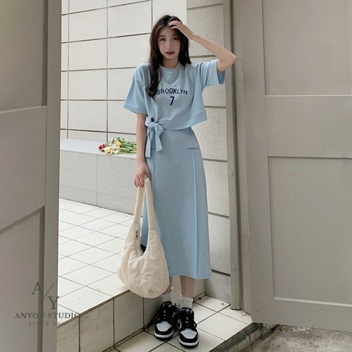 ANYOU 여성 반팔 세트 여름 루즈핏 얇은 투피스 반팔 상의 스커트 세트