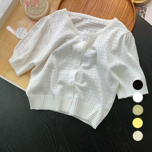 ANYOU 여성 반팔 크롭 니트 가디건 심플 데일리 슬림핏