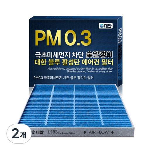 대한카필터 PM0.3 블루 활성탄 자동차 에어컨 필터, 2개, BF099