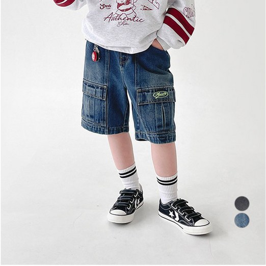 베리클로젯 남아동 프론트 네온 데님 팬츠 키즈 주니어 등원 스쿨룩 5부 청 반바지