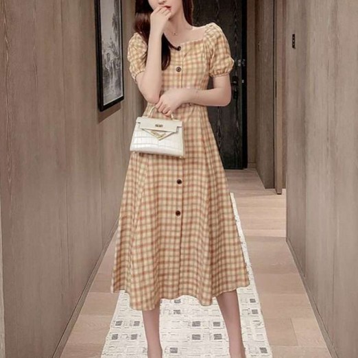 더시럽 여성용 빈티지 체크 페이크 단추 롱 원피스