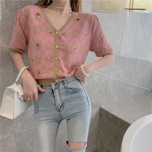 Makone 여성 브이넥 플라워 자카르 패턴 퍼프소매 캐주얼 반팔 가디건 데일리룩