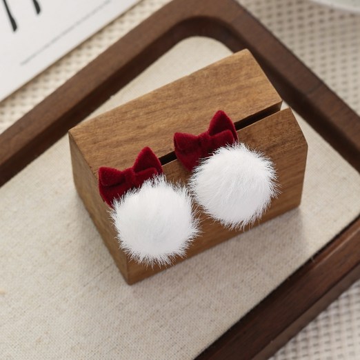 가을겨울 레드 벨벳 리본 플러시 귀걸이, 크리스마스새해 폼폼 귀걸이