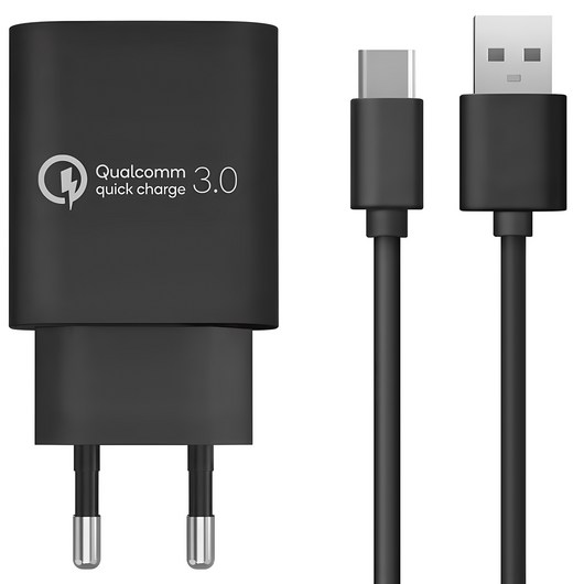홈플래닛 퀄컴 공식인증 QC 3.0 18W 고속충전기 + C타입 케이블 1m 세트, 블랙, 1세트