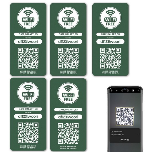 QRLINKER 큐알링커 와이파이 QR코드 비밀번호 안내판 표지판 표시판 제작, 5개, 그린/세로