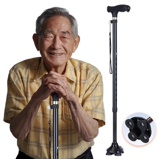 백년동행 가벼운 부모님 네발 지팡이 노인 어르신 할아버지 할머니 LED 라이트, 1개, LED 딥블랙
