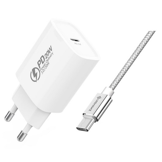 평강텍 20W PD C타입 PPPS 초고속 충전기 어댑터 + 65W C to C 충전 케이블 2m 세트, 실버화이트, 1세트
