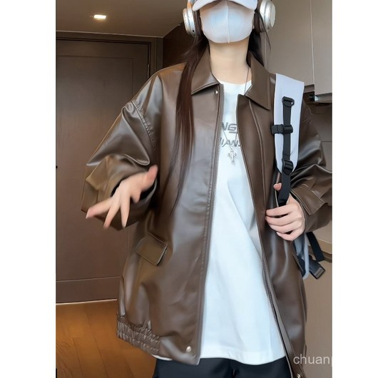 다크 브라운 가죽 자켓 코트 남자 초가을 캐주얼 느슨한 올매치 탑