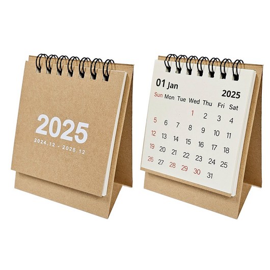 연휴표시 2025년 책상 미니달력 데스크캘린더 2024년 12월 포함, 2개, 크라프트