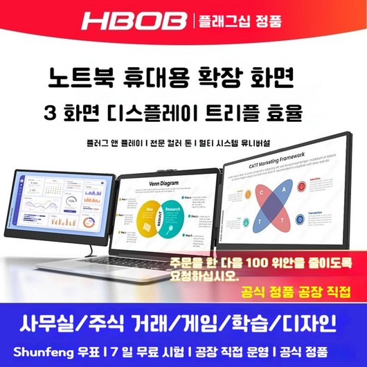 노트북 모니터 확장 휴대용 보조 듀얼 스크린 트리플, 40cm, 15.6인치