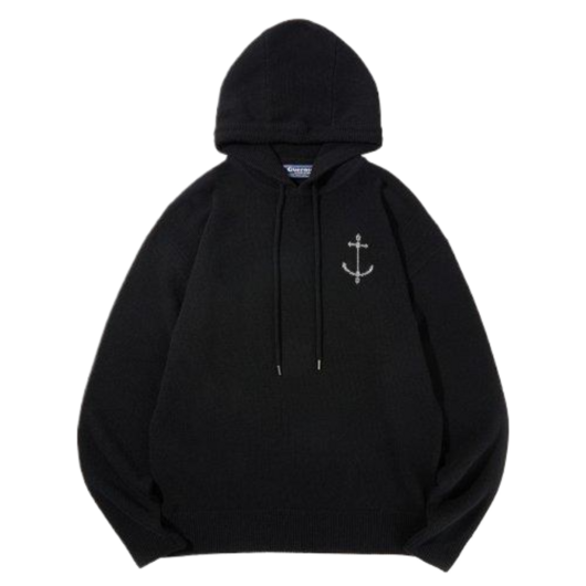 Guernsey Woollens 건지울른스 니트 메리노 울 후드 스웨터 - 블랙 338360