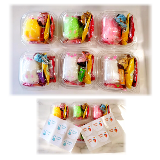 늘봄 말랑 토끼 간식 6종 어린이집 생일 선물 말랑이 답례품 스티커12p 과자 꾸러미 구디백 영어유치원 조카선물, 마시멜로 곰 말랑이+간식 5종+스티커 2종+투명박스포장, 6개