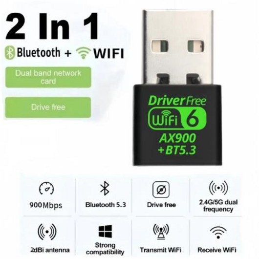와이파이 6 USB 어댑터 블루투스 5.3 무선 네트워크 카드 듀얼 밴드 드라이버 프리 USB 동글 PC Win 10 11 900Mbps, 없음, 2) 900Mbps BT5WIFI 6
