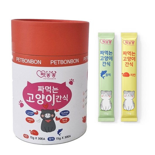 펫봉봉 짜먹는고양이간식 고양이스틱 대용량60p, 참치(30p) + 치킨(30p), 15g, 1세트