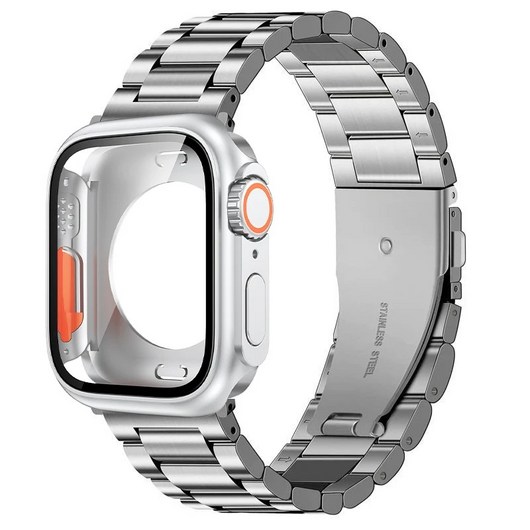 애플워치 호환 메탈 스트랩 + 강화유리 풀커버 프레임 케이스 세트, 41mm, 실버, 1개
