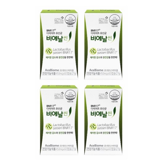 다이어트 유산균 비에날씬 450mg x 60캡슐 비엔나17유산균 체지방감소 다이어트유산균 bnr17유산균 효능 비애날씬 비앤날씬 다이어트영양제 내장지방 장건강, 60정, 4개