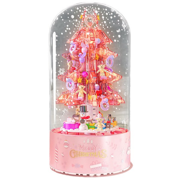  파이 눈내리는 크리스마스 레고 호환 오르골 블록 크리스마스 트리, 핑크 